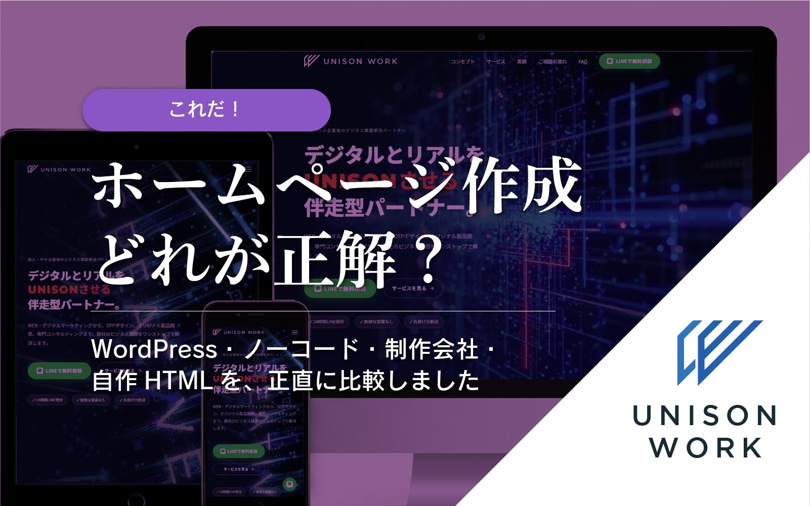 WordPress・ノーコード・制作会社・自作HTMLを比較するイメージ
